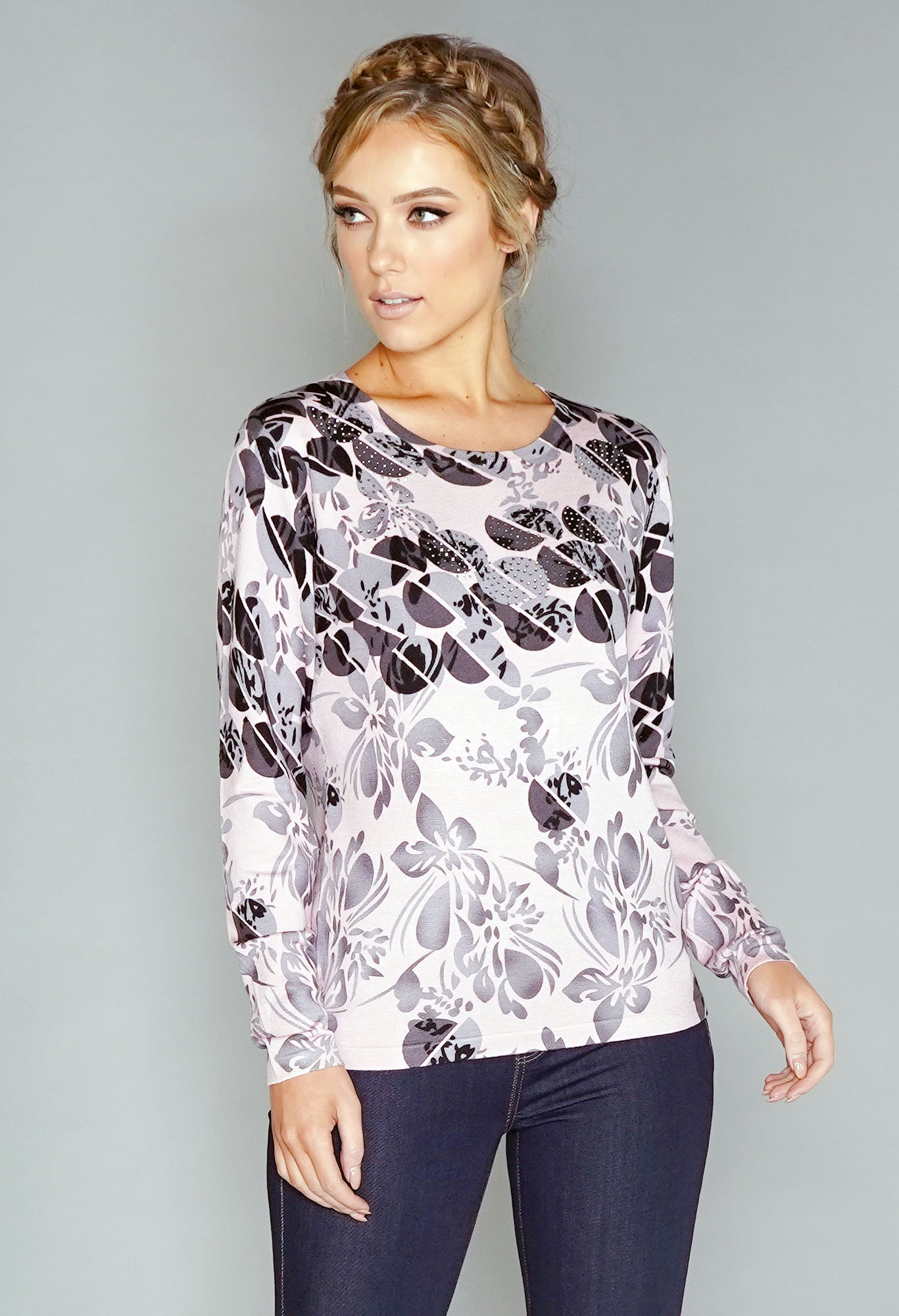 Pink Floral Print Pullover with Diamonte Detail