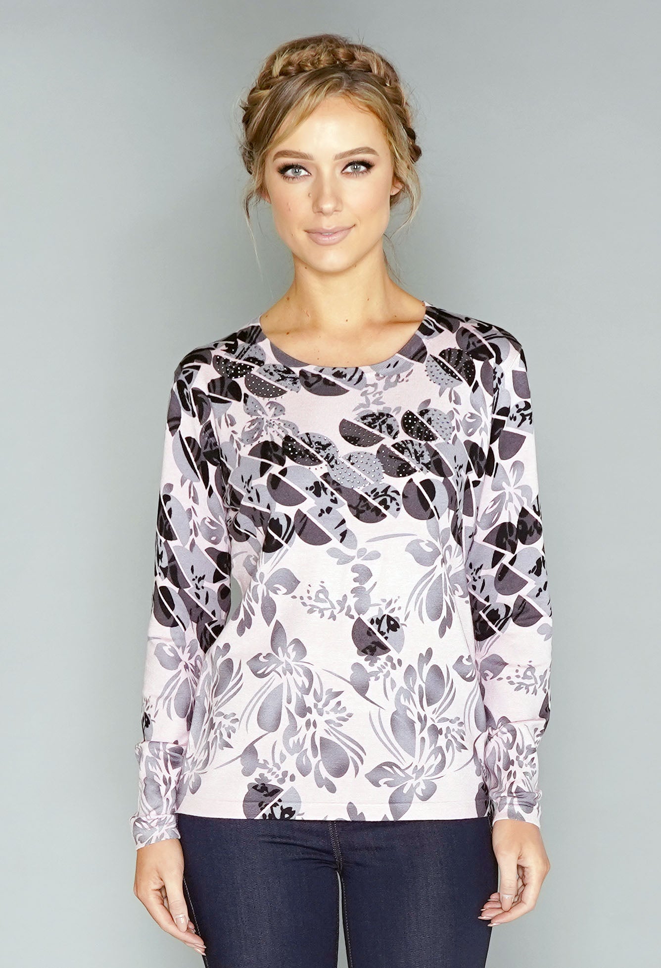 Pink Floral Print Pullover with Diamonte Detail