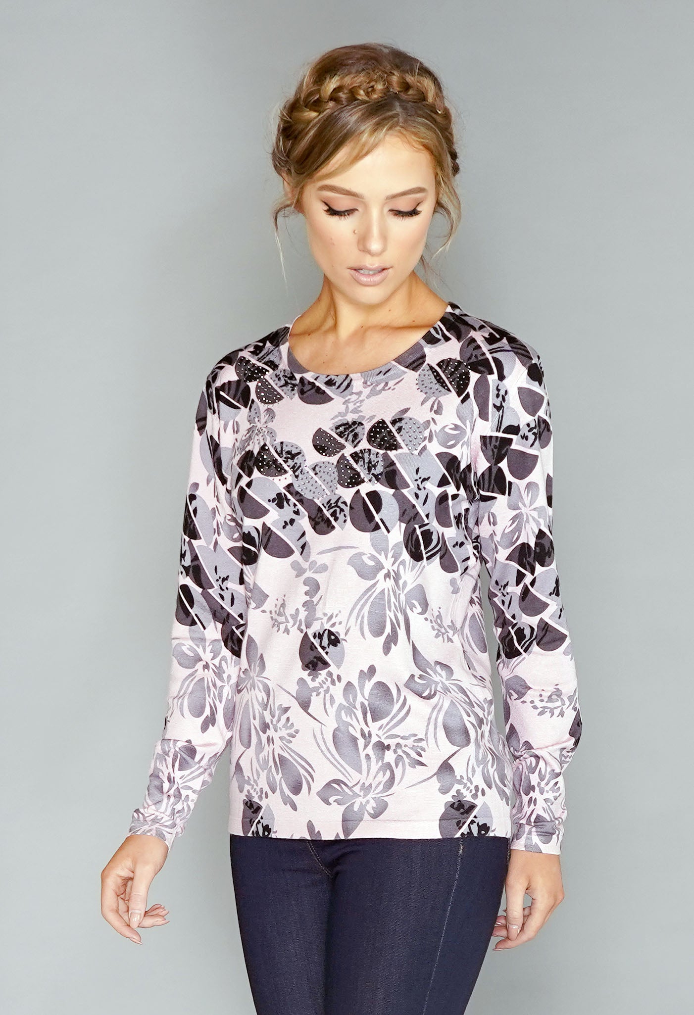 Pink Floral Print Pullover with Diamonte Detail