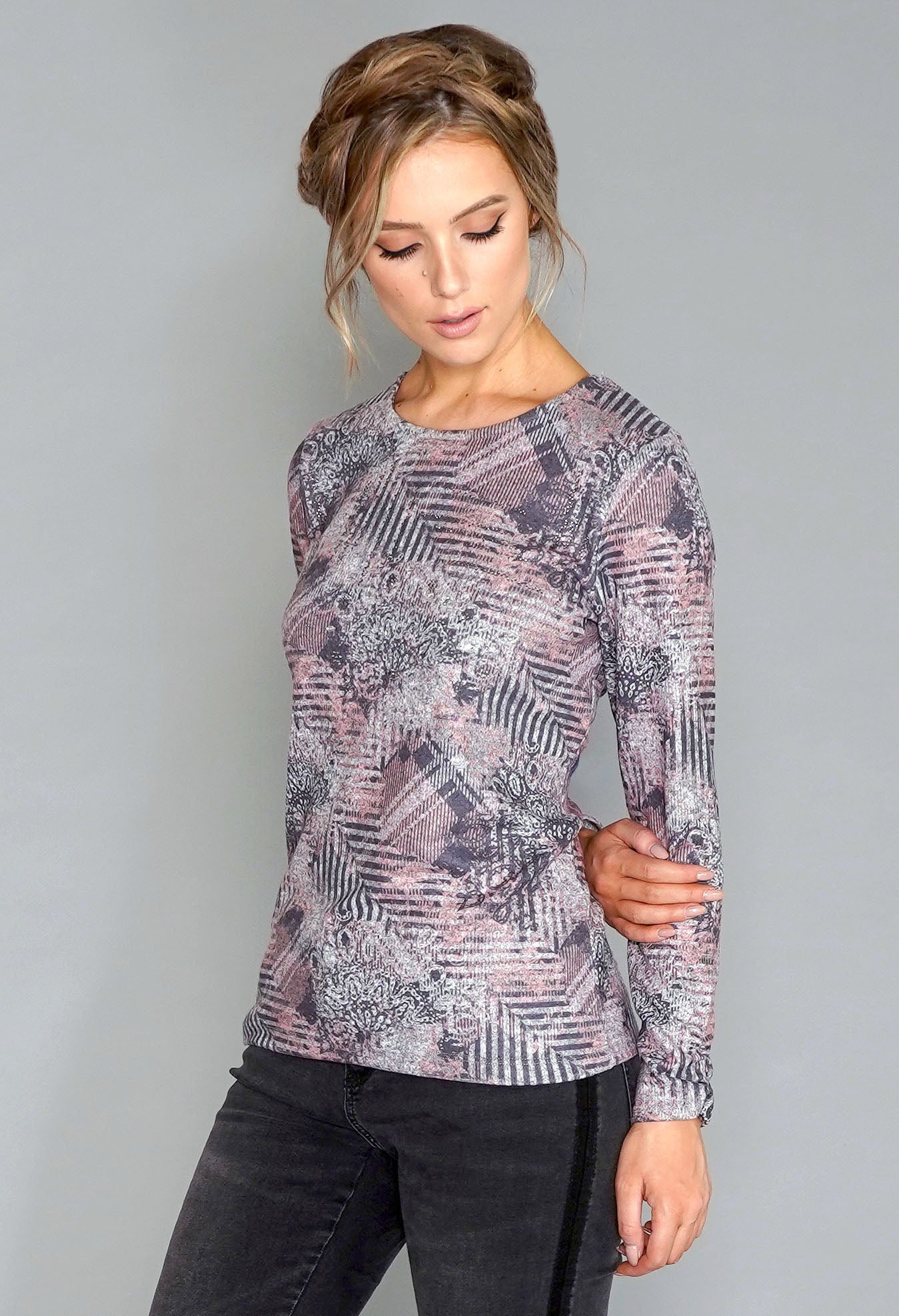 Abstract Print Pullover with Diamonte Detail