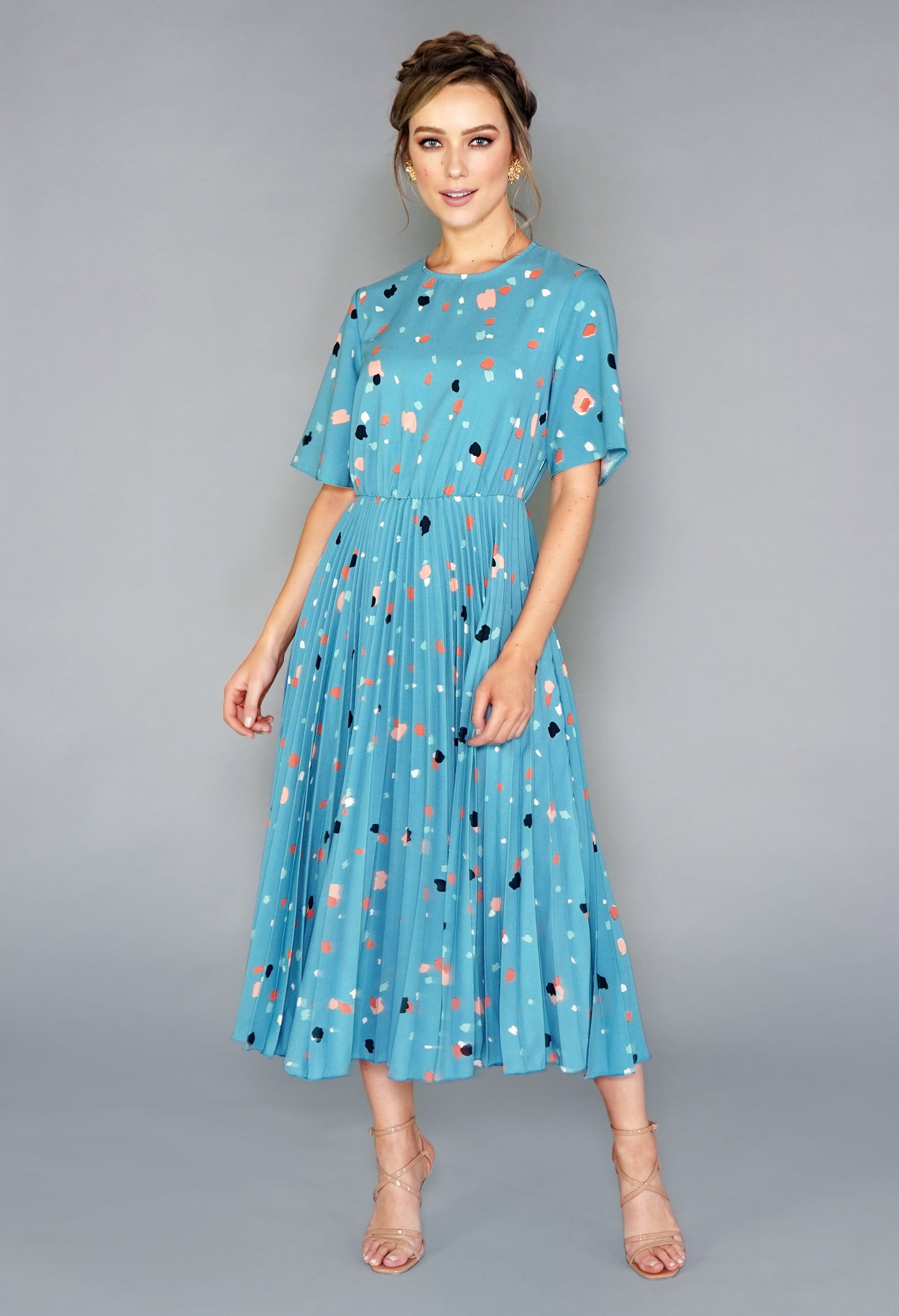 TEAL MULTI PRINT SHORT SLEEVE PLEATED DRESS