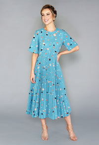 TEAL MULTI PRINT SHORT SLEEVE PLEATED DRESS