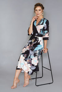 DUCK EGG FLORAL HIGH-LOW WRAP DRESS