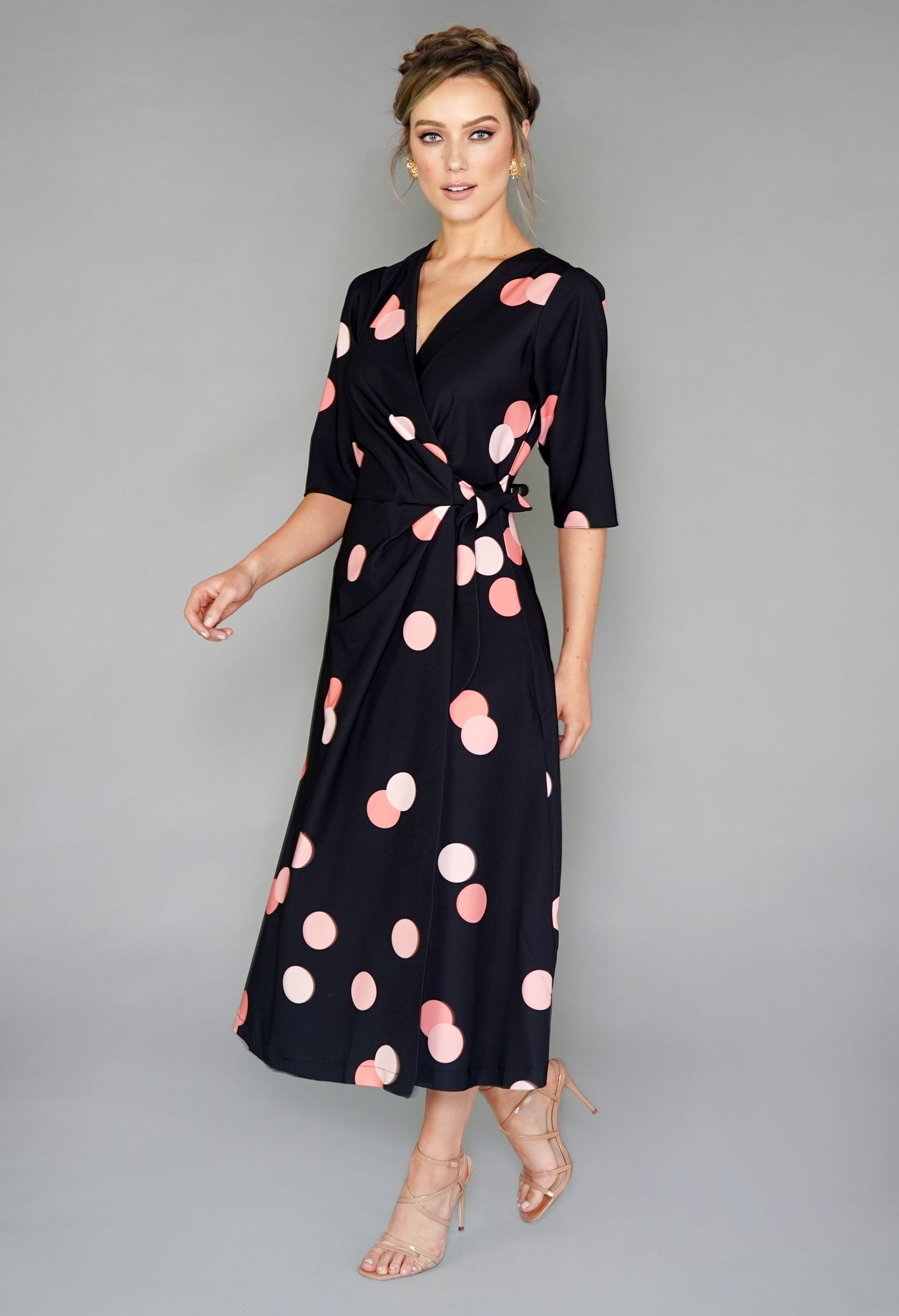 BLACK AND PEACH POLKA DOT WRAP TIE DRESS