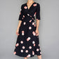 BLACK AND PEACH POLKA DOT WRAP TIE DRESS