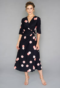 BLACK AND PEACH POLKA DOT WRAP TIE DRESS