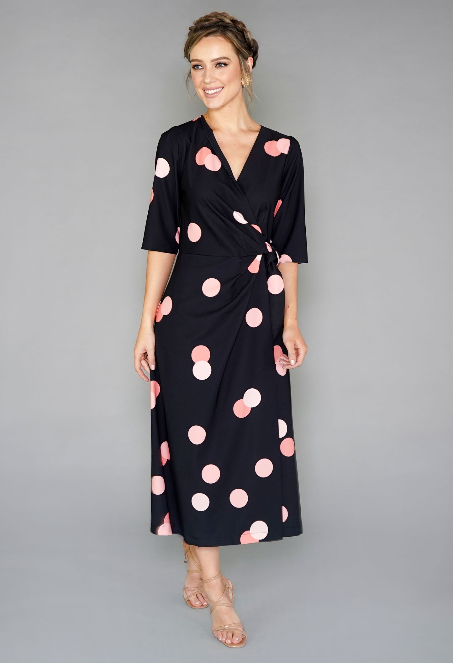 BLACK AND PEACH POLKA DOT WRAP TIE DRESS