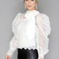 White Puff Sleeve Embroidered Mesh Top