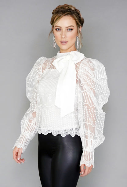 White Puff Sleeve Embroidered Mesh Top