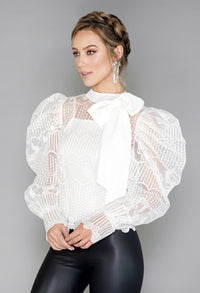 White Puff Sleeve Embroidered Mesh Top