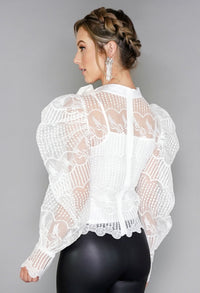 White Puff Sleeve Embroidered Mesh Top