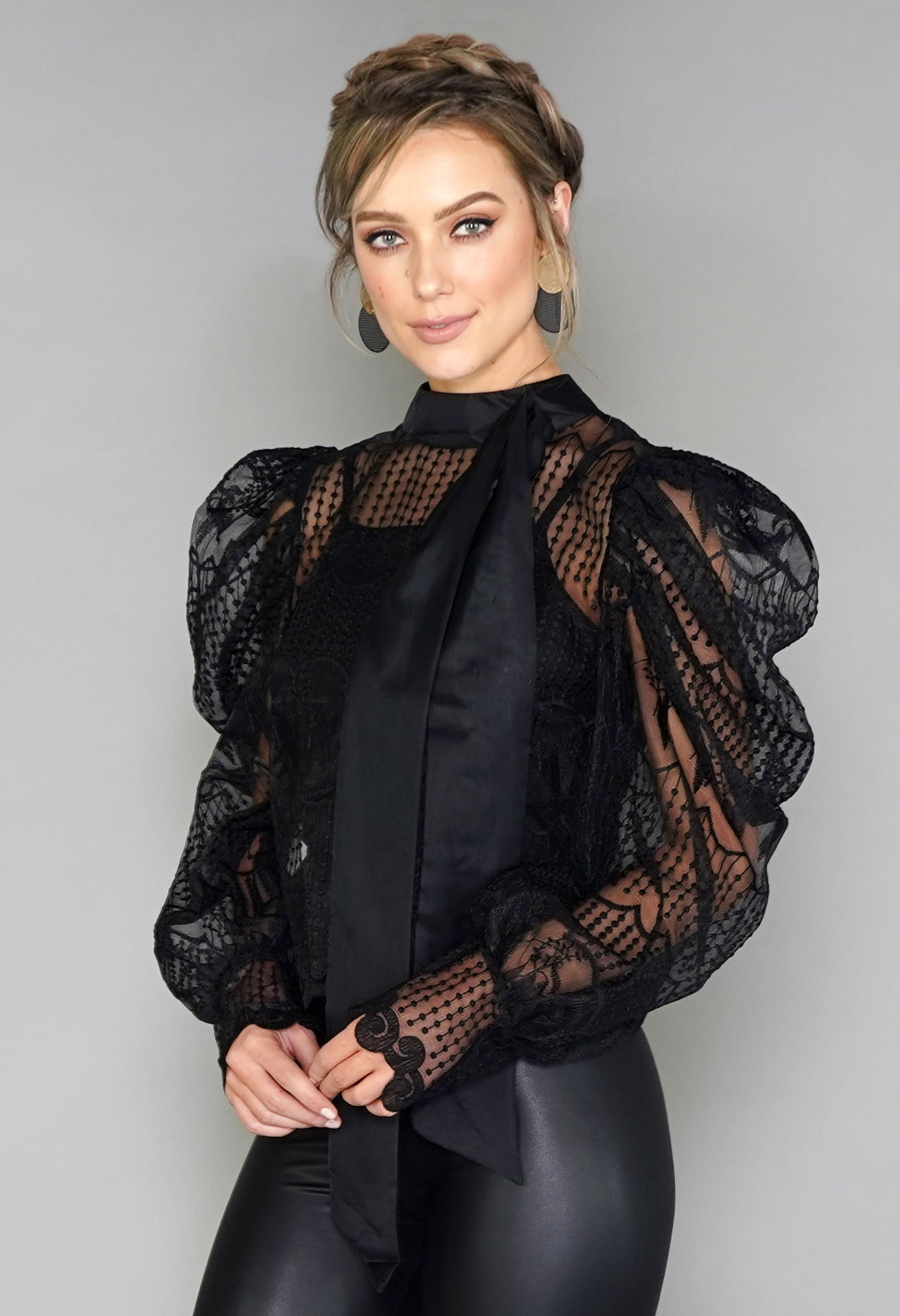 Black Puff Sleeve Embroidered Mesh Top