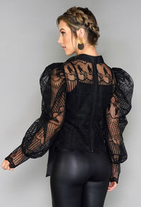 Black Puff Sleeve Embroidered Mesh Top