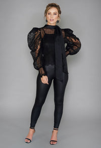 Black Puff Sleeve Embroidered Mesh Top