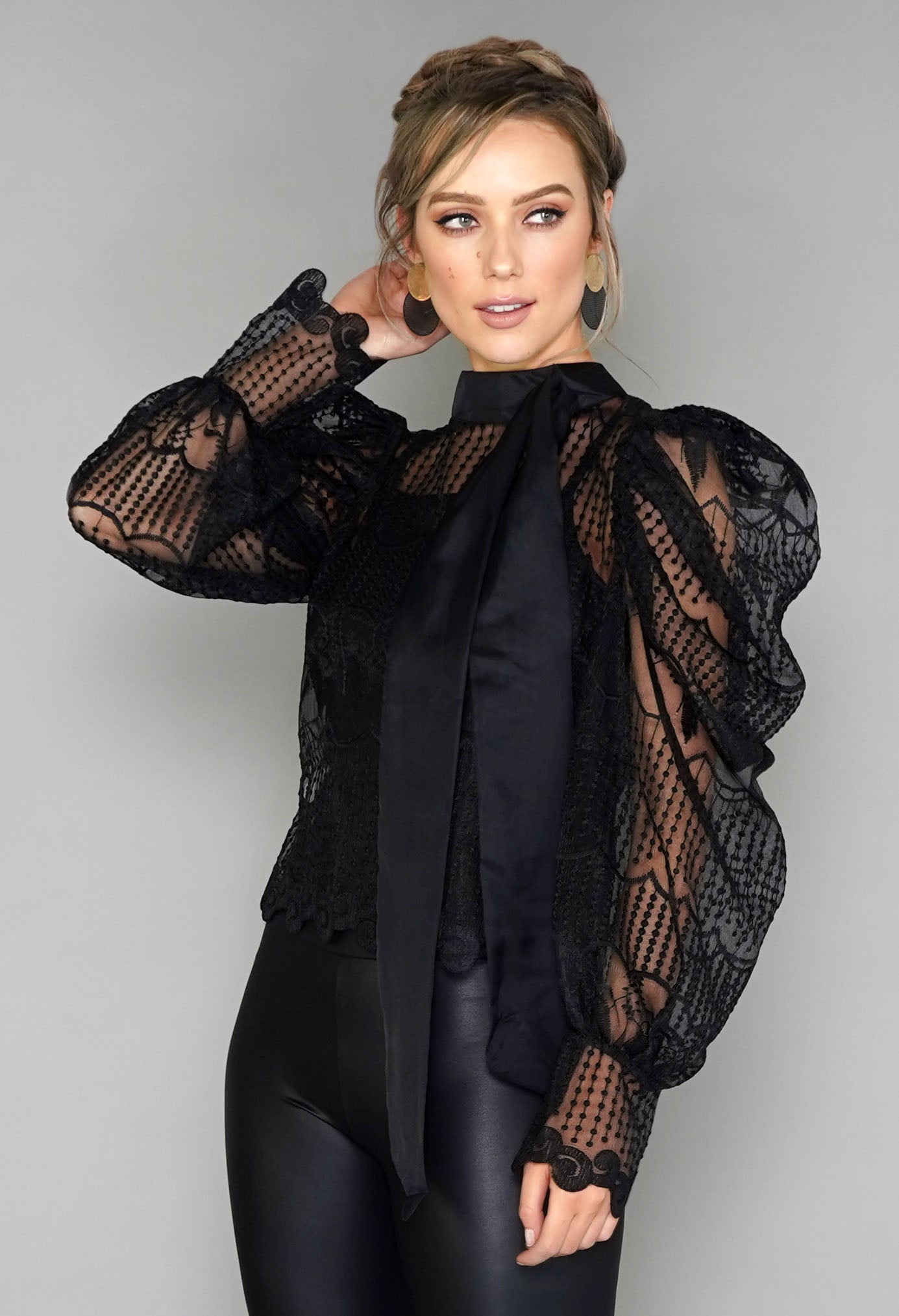 Black Puff Sleeve Embroidered Mesh Top