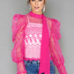 Pink Puff Sleeve Embroidered Mesh Top