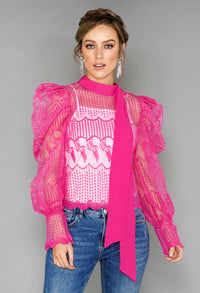 Pink Puff Sleeve Embroidered Mesh Top