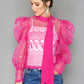 Pink Puff Sleeve Embroidered Mesh Top