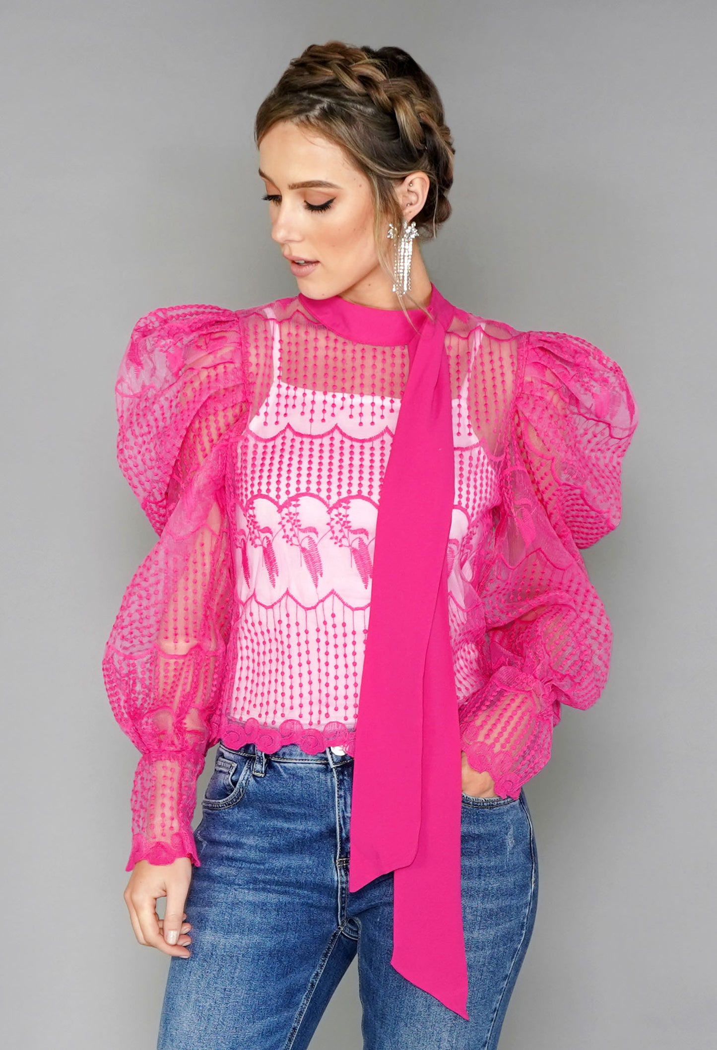 Pink Puff Sleeve Embroidered Mesh Top