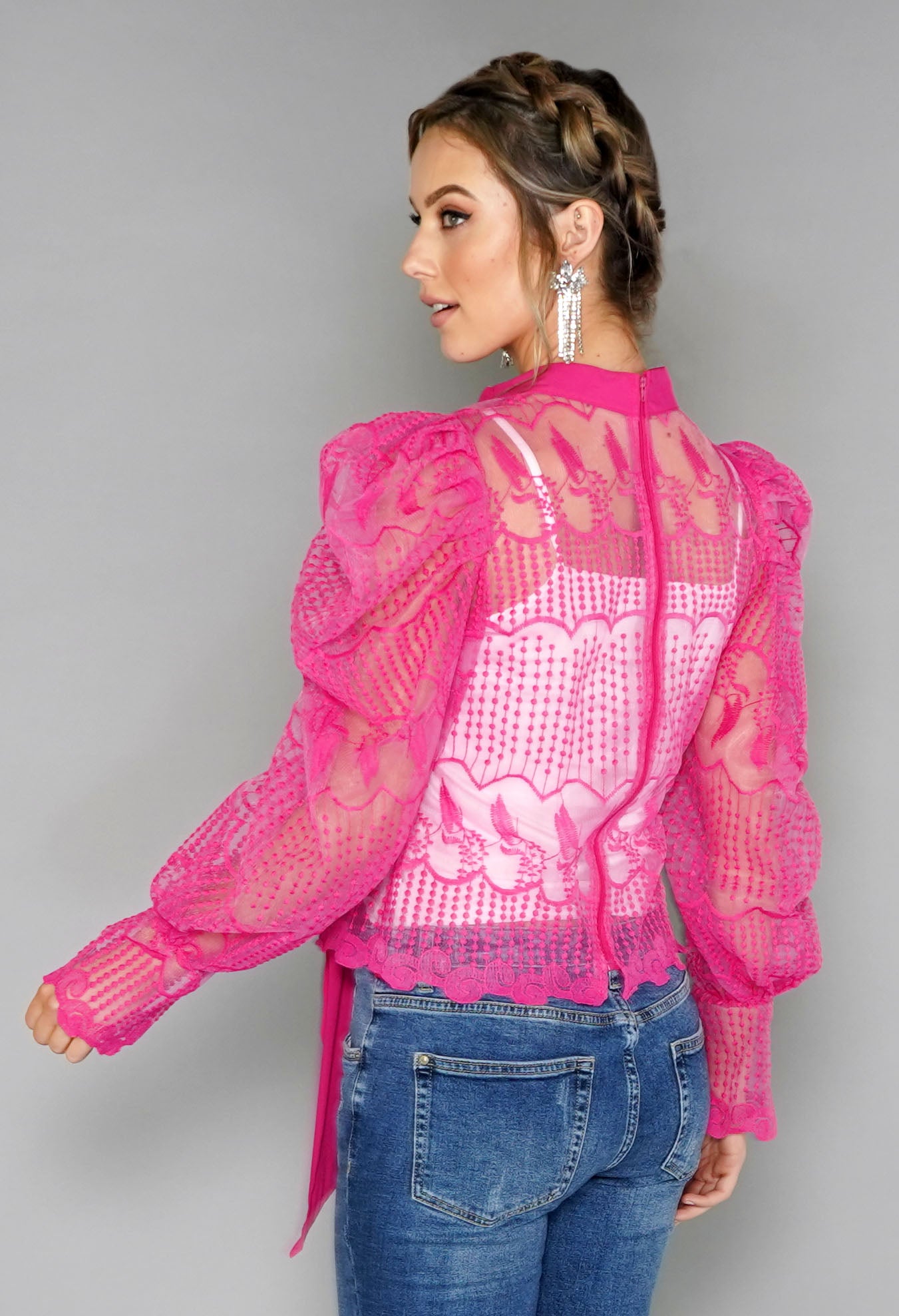 Pink Puff Sleeve Embroidered Mesh Top