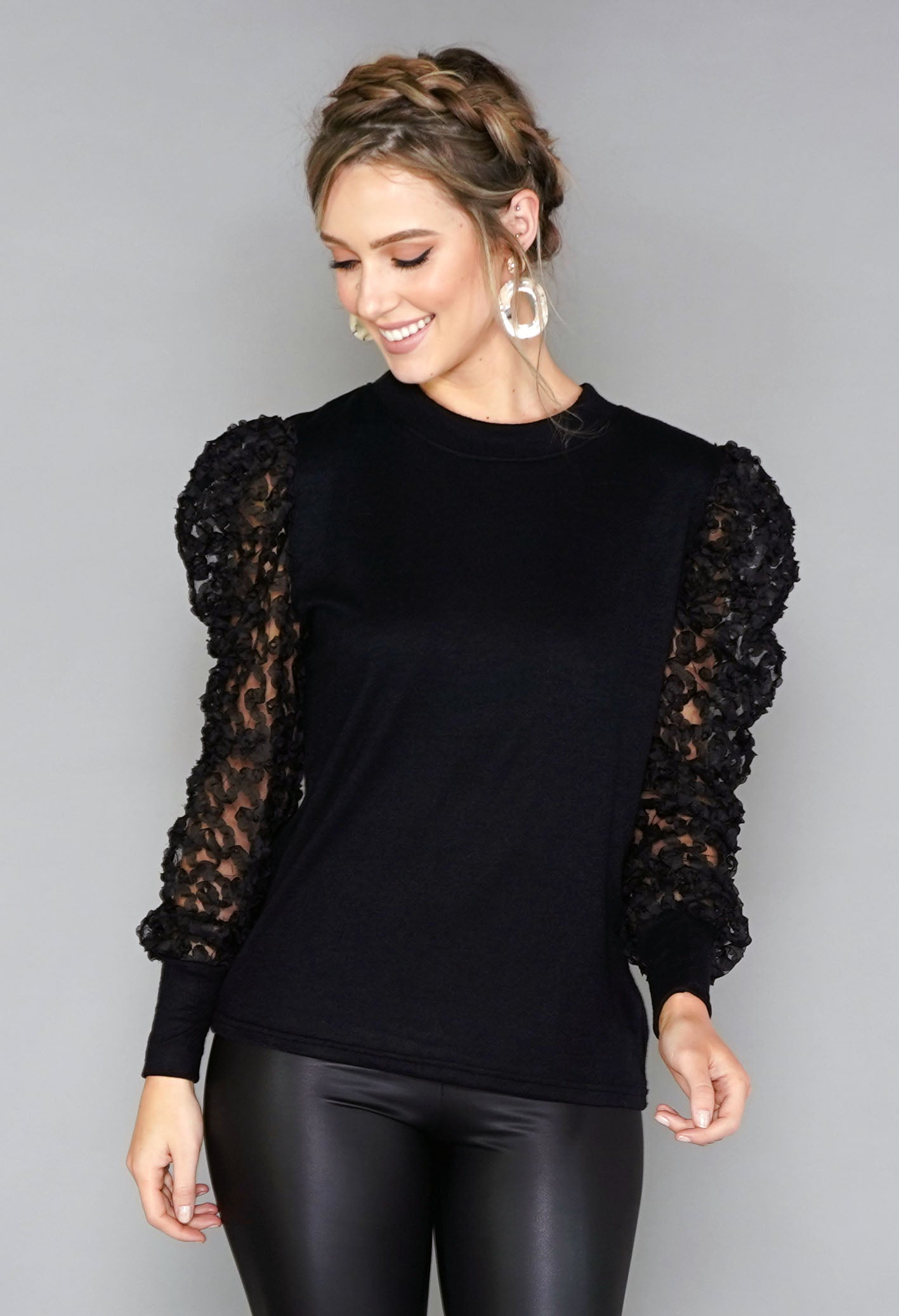 Textured Mesh Sleeve Pullover