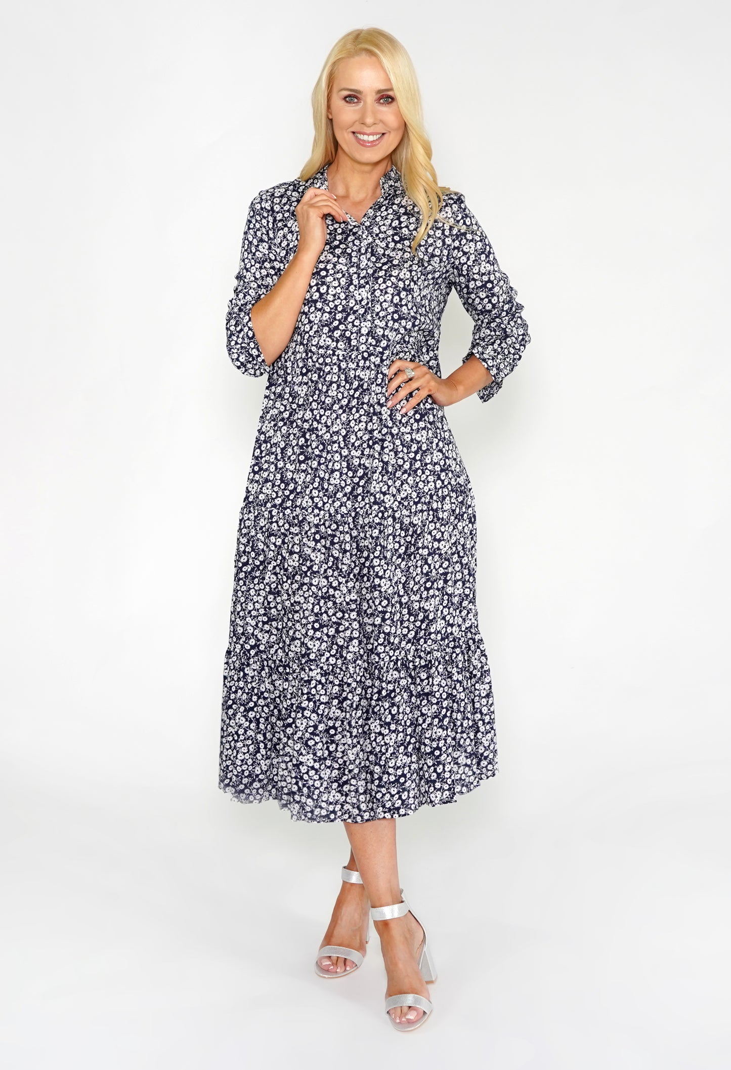 Navy Floral Shirt Midi Dress