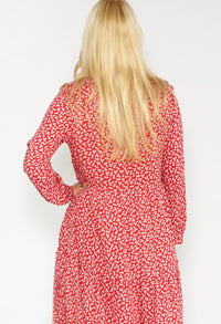 RED FLORAL SHIRT MIDI DRESS