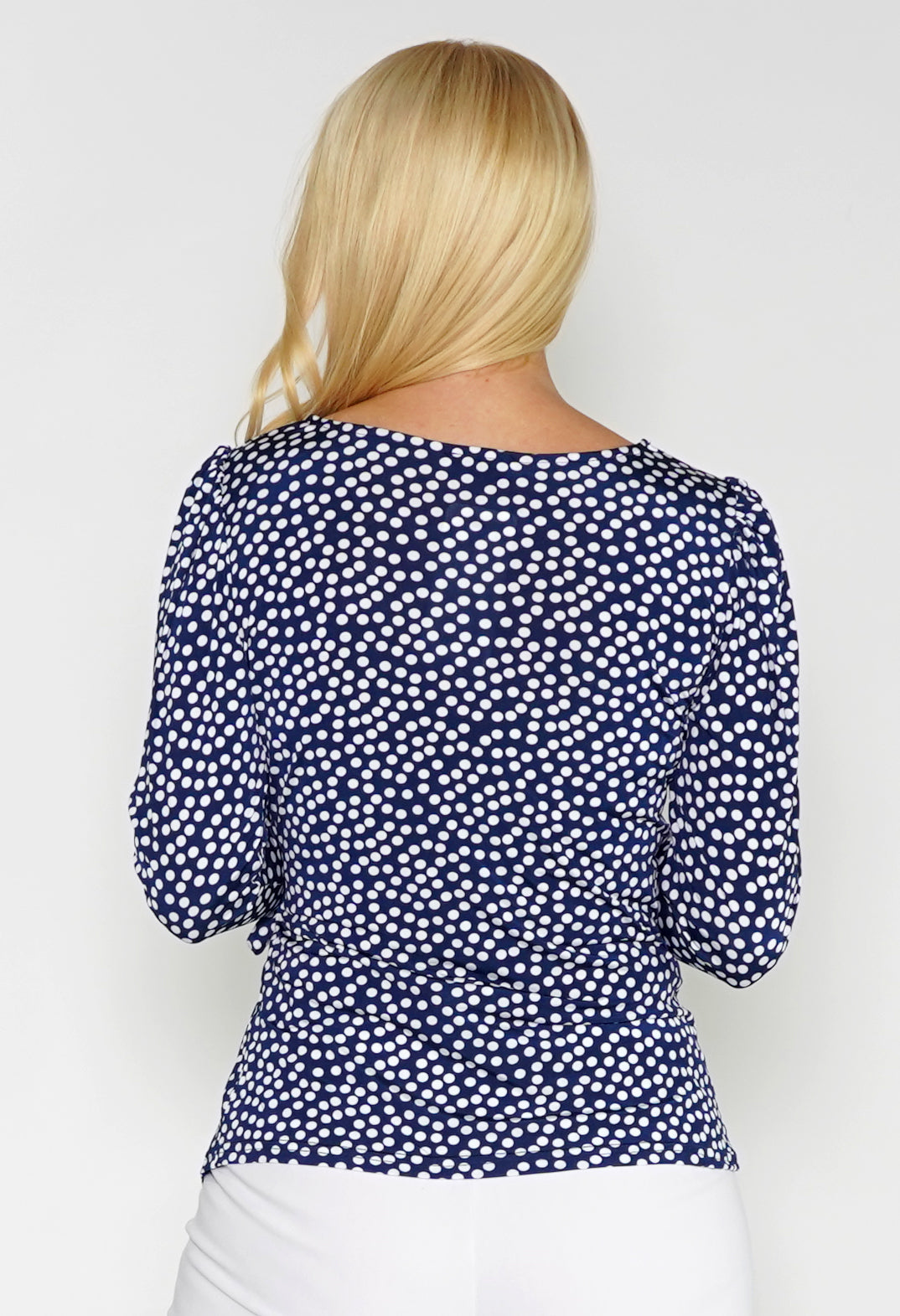 Navy Polka Dot Drape Top