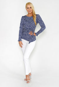 Navy Polka Dot Drape Top