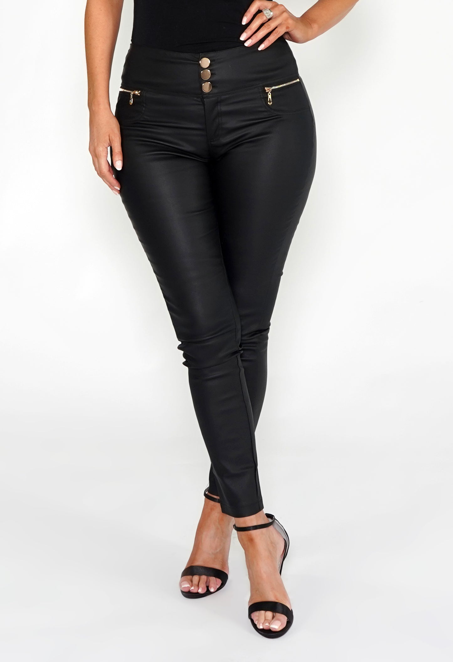 Black High Waisted Coated Trousers