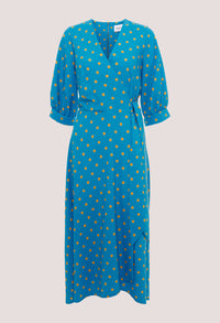 BLUE PUFF SLEEVE WRAP DRESS