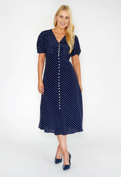 Navy Polka Dot Buttoned Dress