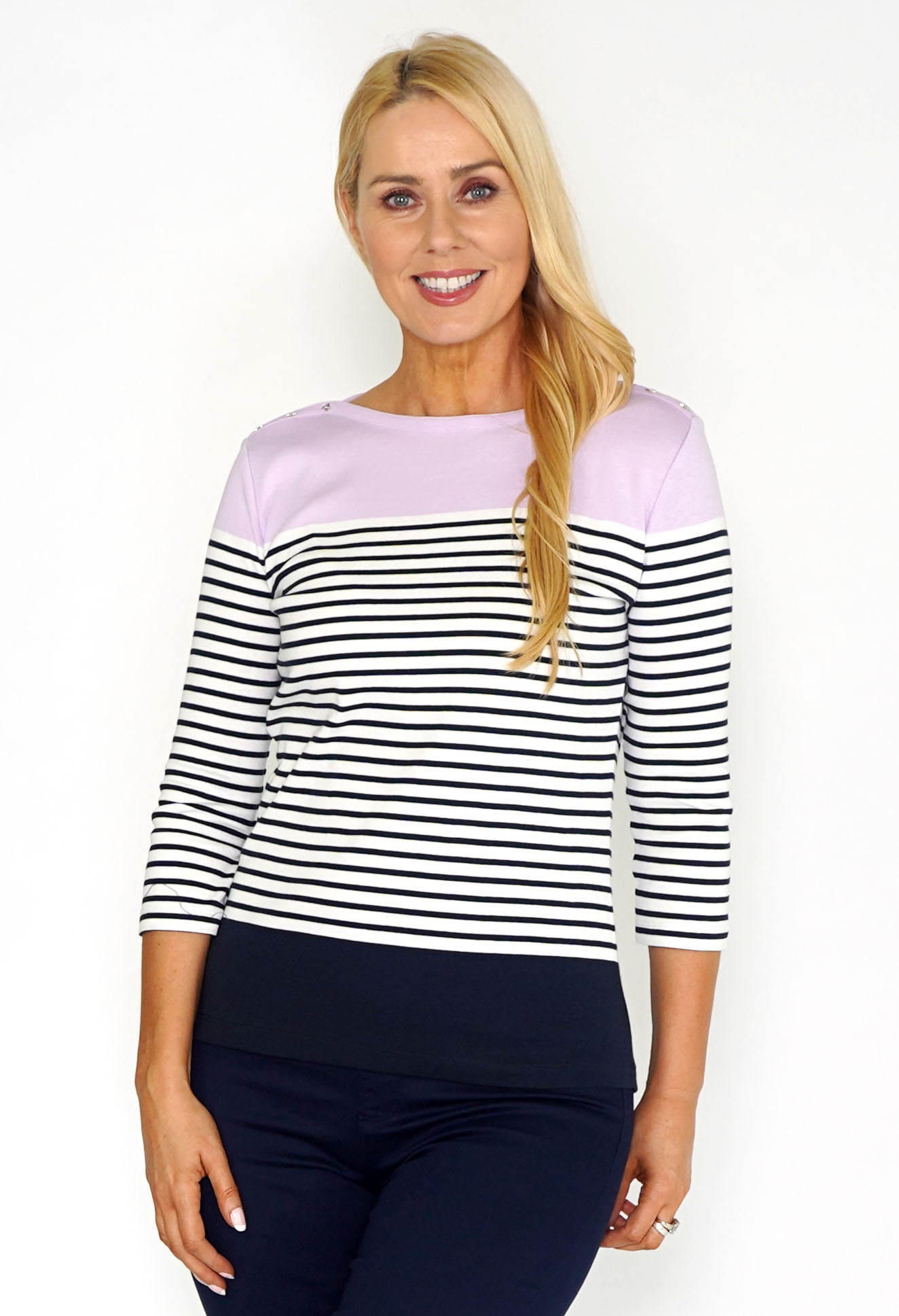 Stripe Top with Shoulder Button Detail