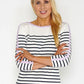 Navy and White Striped Top with Lilac Button Sleeve Detail