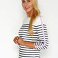 Navy and White Striped Top with Lilac Button Sleeve Detail