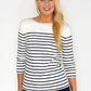 Navy and White Striped Top with Lilac Button Sleeve Detail