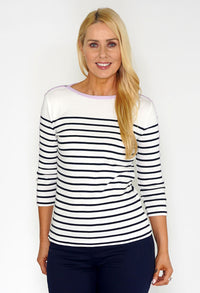 Navy and White Striped Top with Lilac Button Sleeve Detail