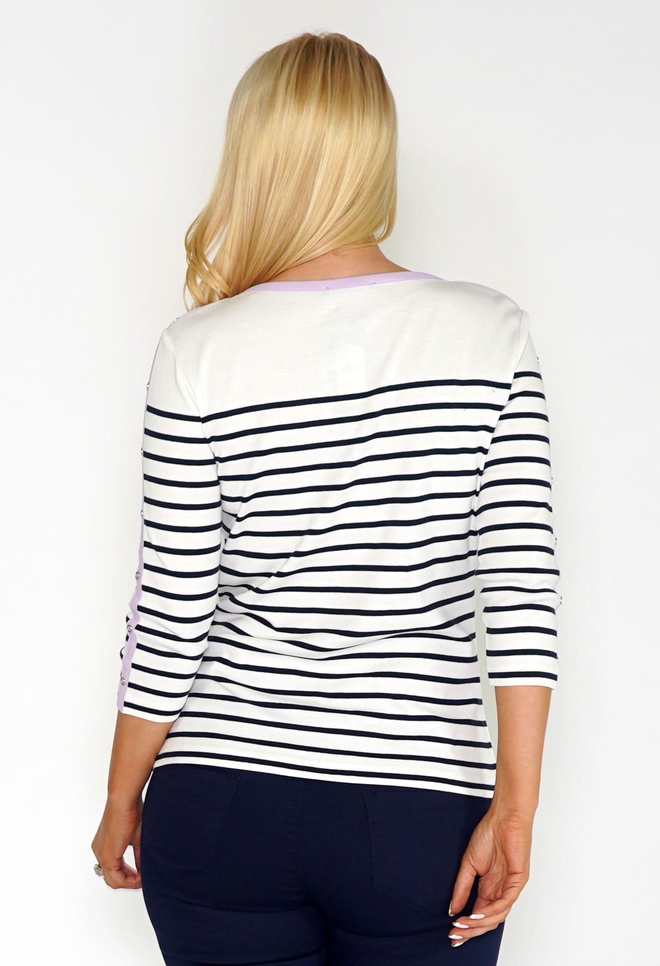 Navy and White Striped Top with Lilac Button Sleeve Detail