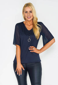 Navy Tulle Sleeve Top