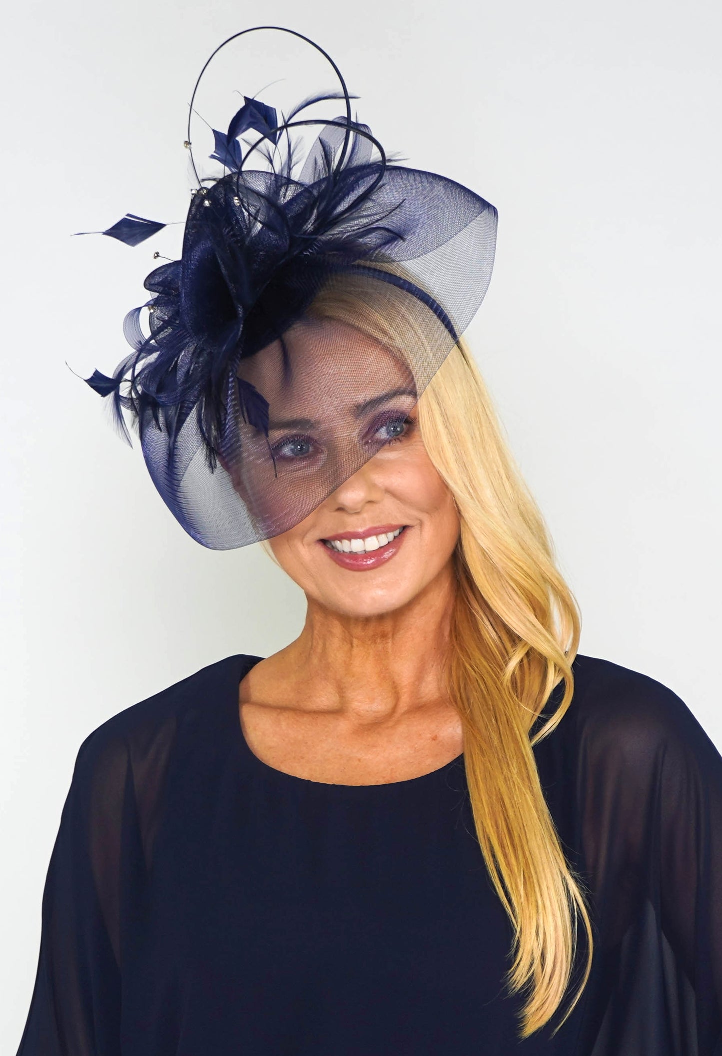 Navy Mesh and Feather Fascinator