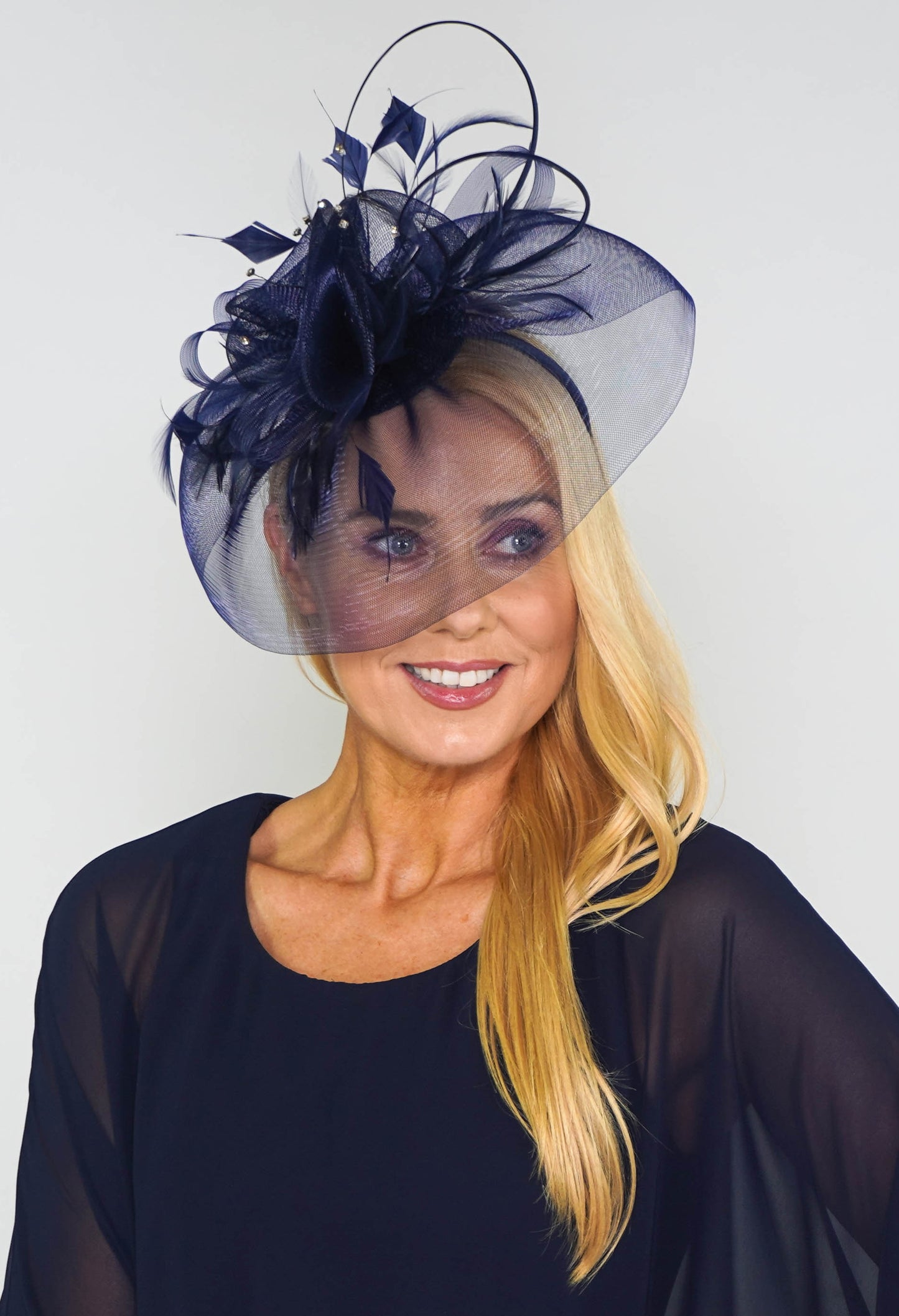 Navy Mesh and Feather Fascinator