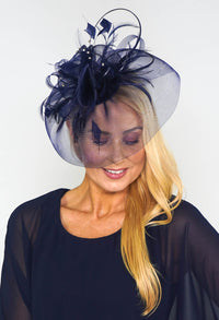 Navy Mesh and Feather Fascinator