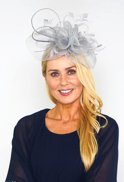 FascinatorGrey Mesh and Feather Fascinator