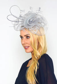 FascinatorGrey Mesh and Feather Fascinator