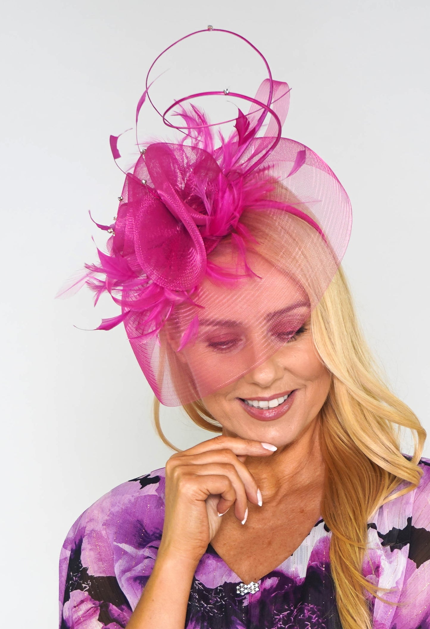 Fuschia Mesh and Feather Fascinator