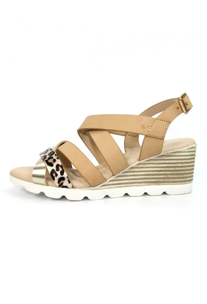 Beige Low Wedge Strap Shoe with Animal Print Detail