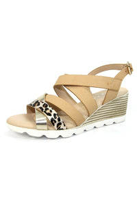 Beige Low Wedge Strap Shoe with Animal Print Detail