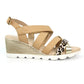 Beige Low Wedge Strap Shoe with Animal Print Detail