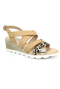 Beige Low Wedge Strap Shoe with Animal Print Detail