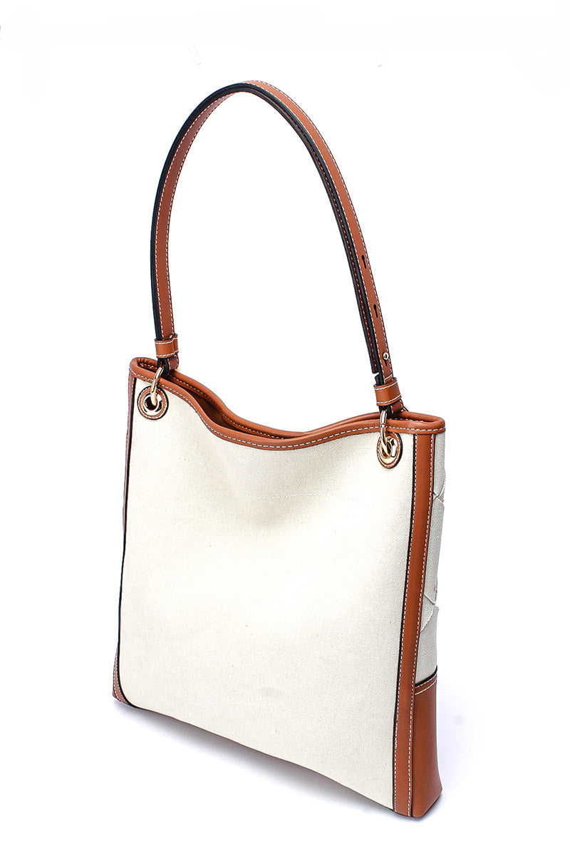 Two Tone Woven Tote - Tan